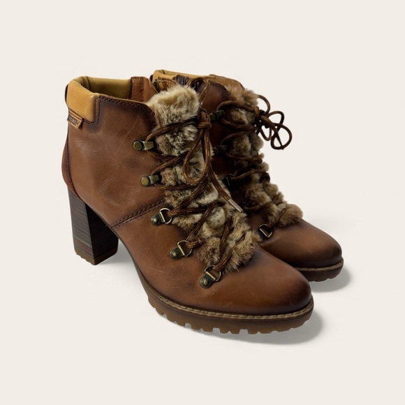 PIKOLINOS Shoes - Pikolinos Womens leather lace-up ankle boots heels faux fur brown sz 38